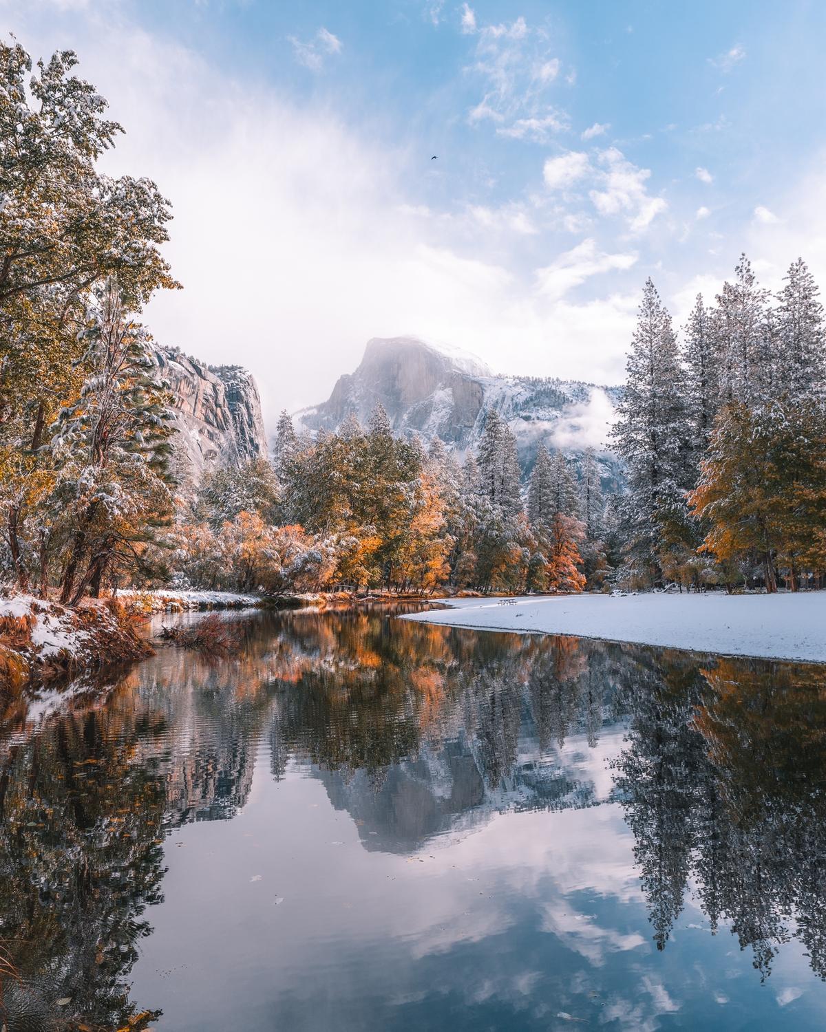 Winter in yosemite with half dome in the distance