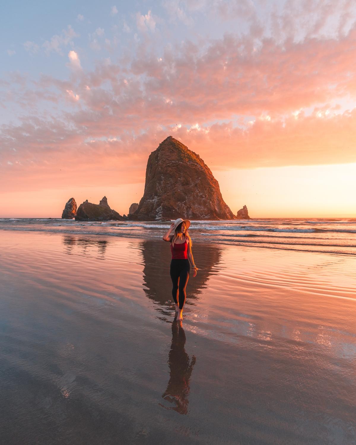 Grace in front of Haystack Rock