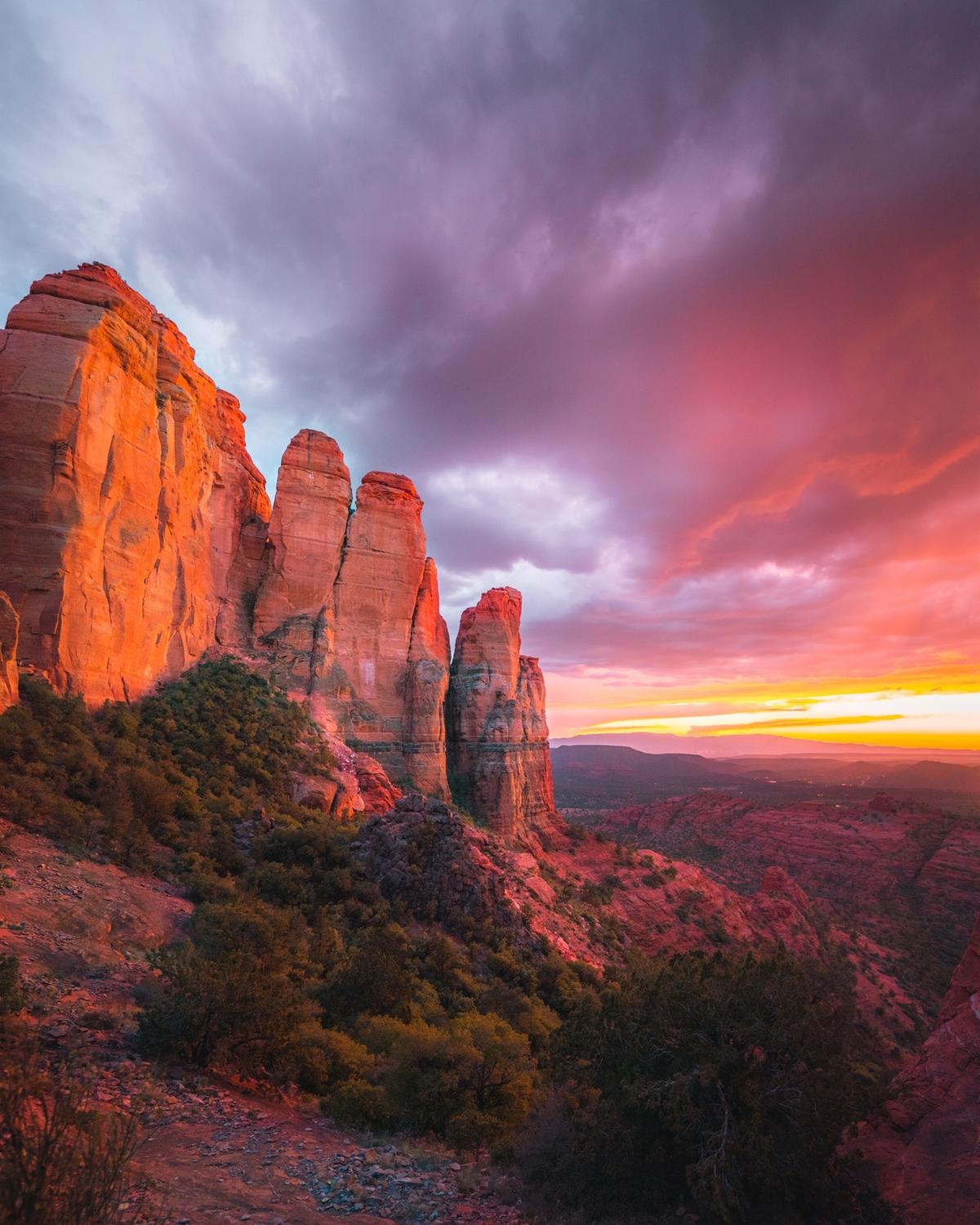 Shortly after sunset glow off the walls of Cathedral Rock