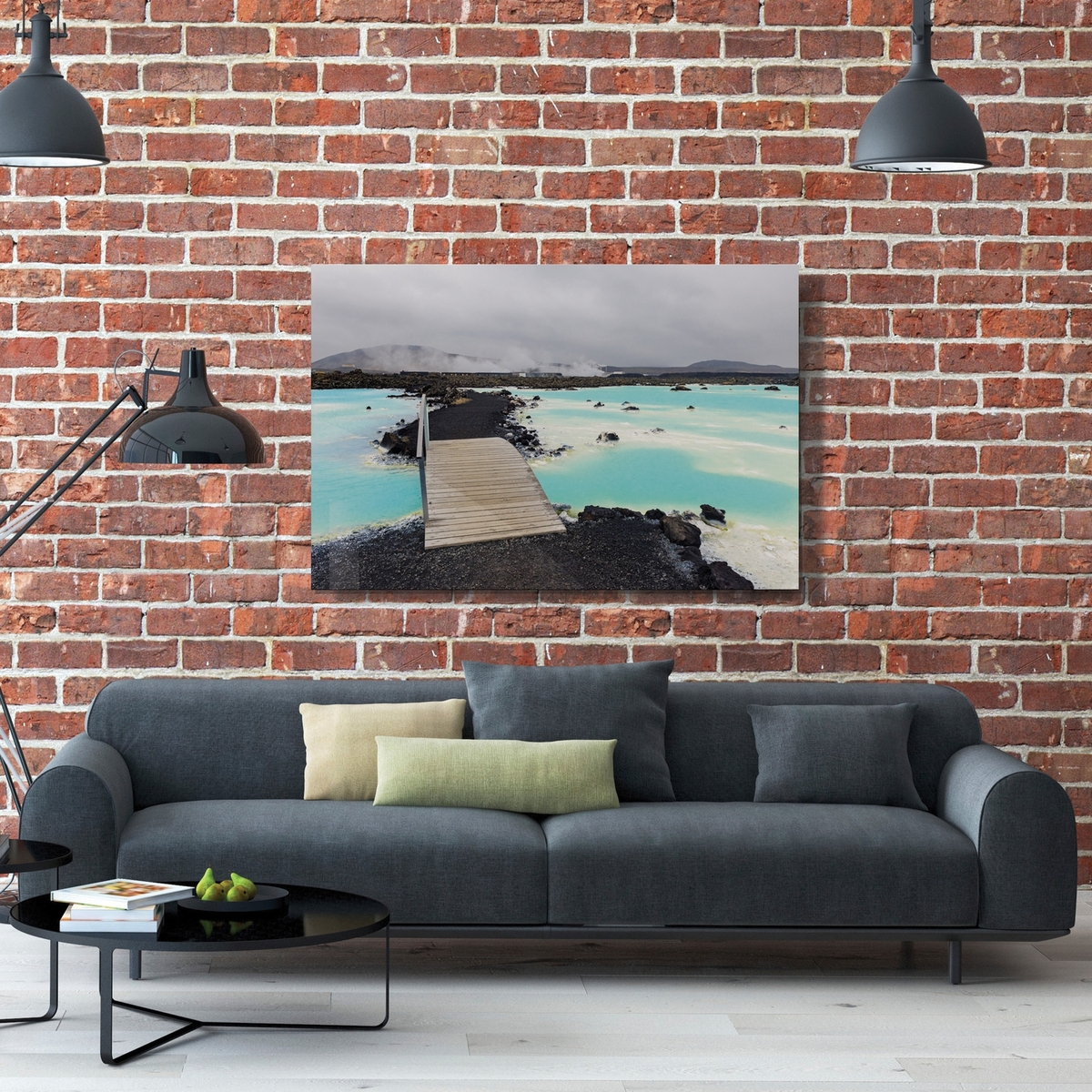 Metal print in living room couch