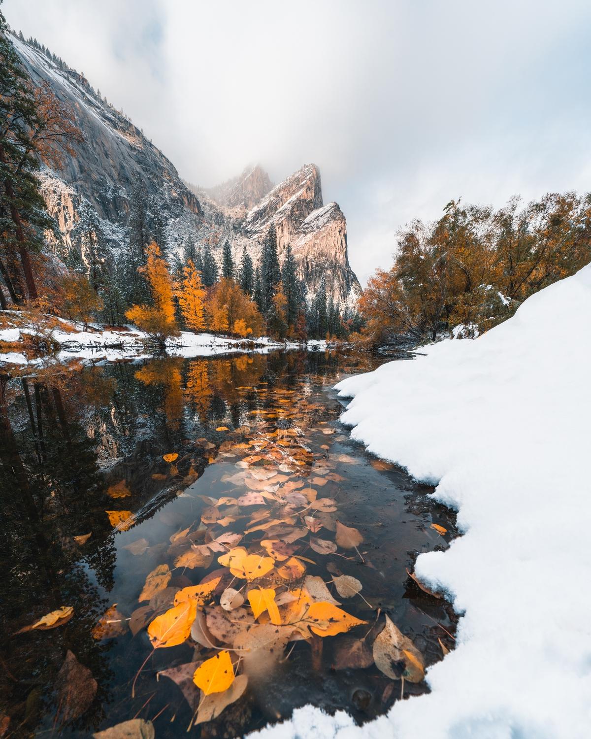 Winter in yosemite with three brothers in the distance