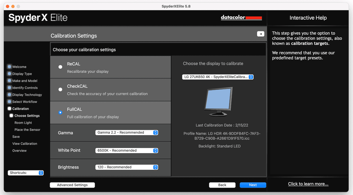 Monitor calibration settings